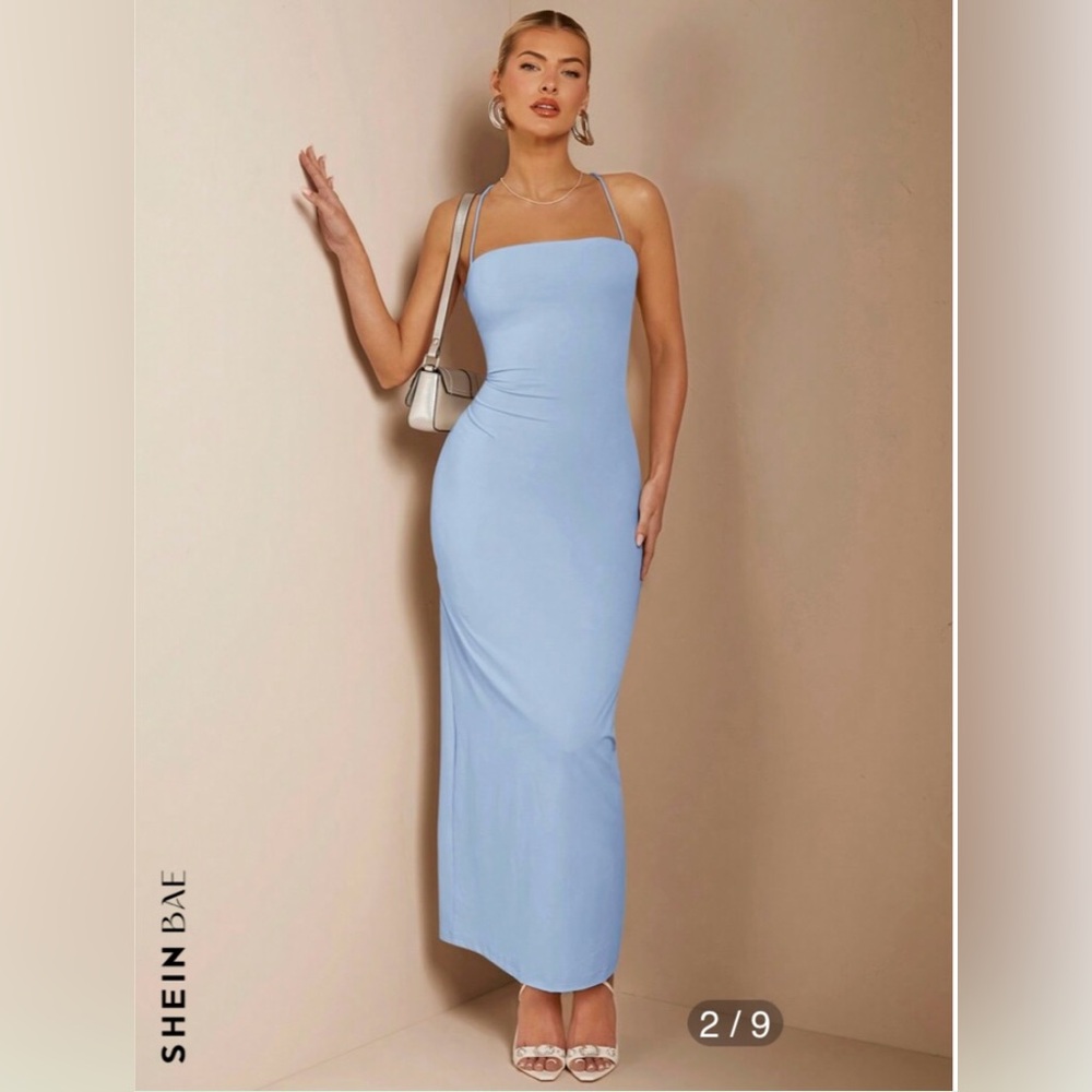 SHEIN Light Blue Bodycon Halter Neck
Spaghetti Strap Tie Low Back Shiny Dress M - Picture 8 of 16